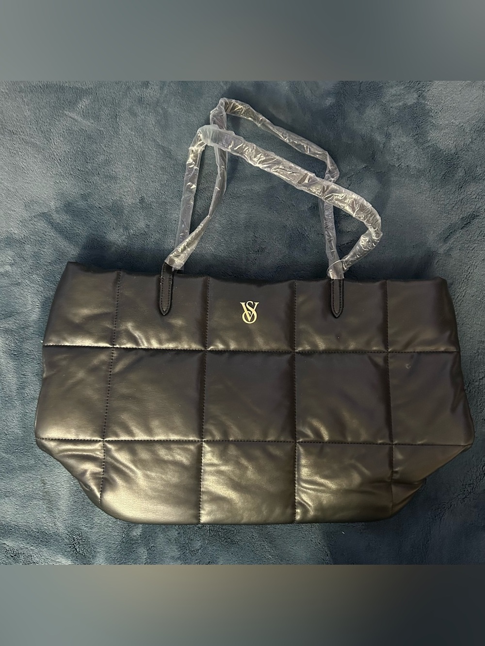 NWT Victoria’s Secret Black Quilted Puffer Tote Bag with Gold Accent Logo